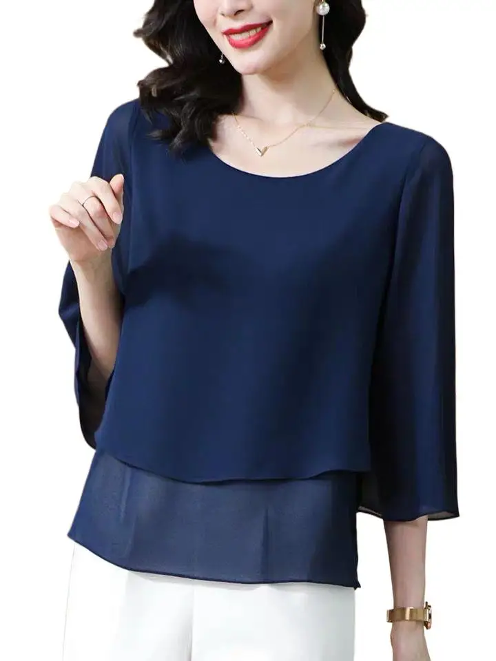 

2024 elegant office lady solid three quarter sleeve chiffon shirt Spring and Summer blouse tops blusas de mujer elegantes