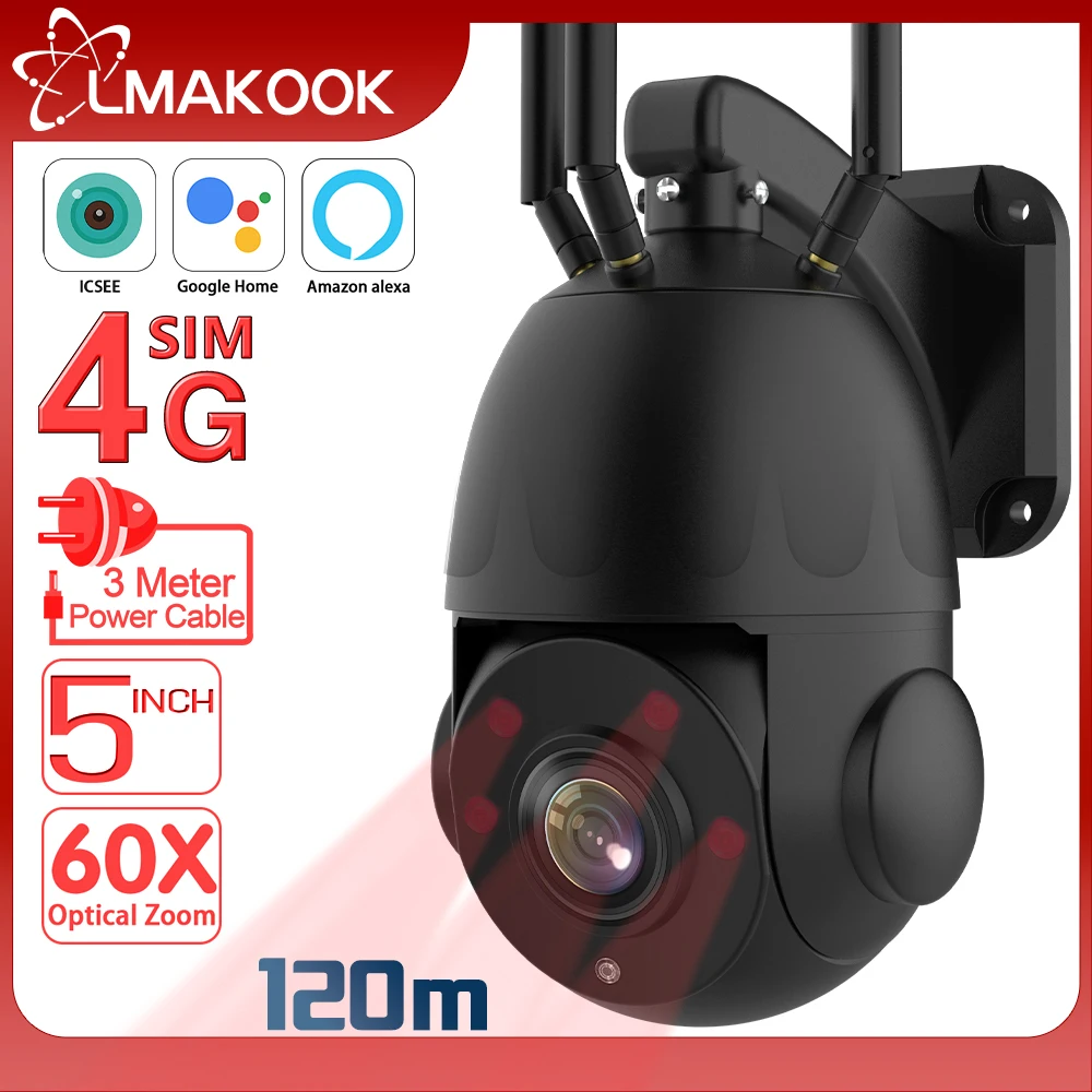 

Камера видеонаблюдения LMAKOOK, 4K, 8 Мп, 4G, SIM, 60X, оптический зум, ии, отслеживание людей, 120 м, ночное видение, Wi-Fi, iCsee