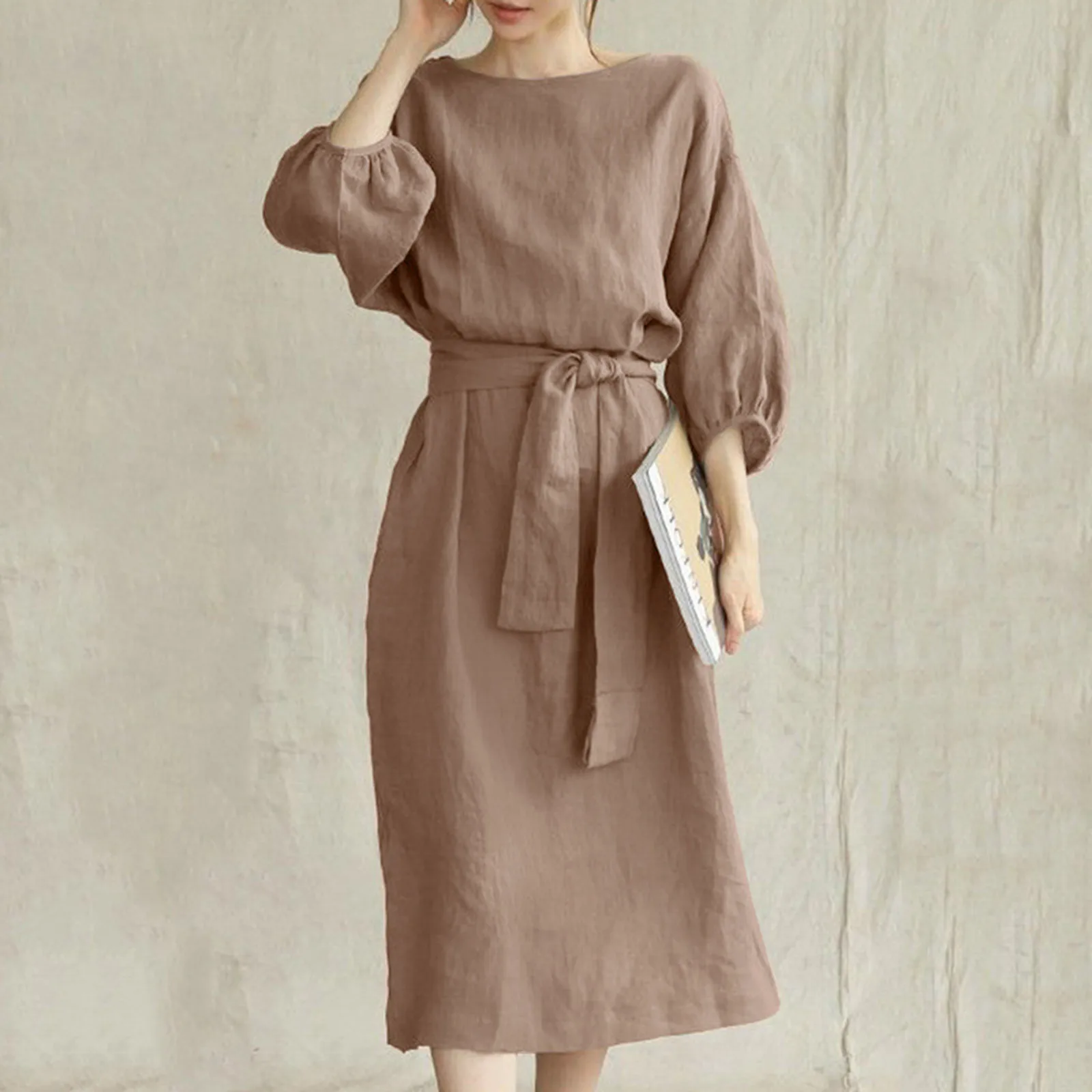 High waist tie cotton and linen shirt collar dress