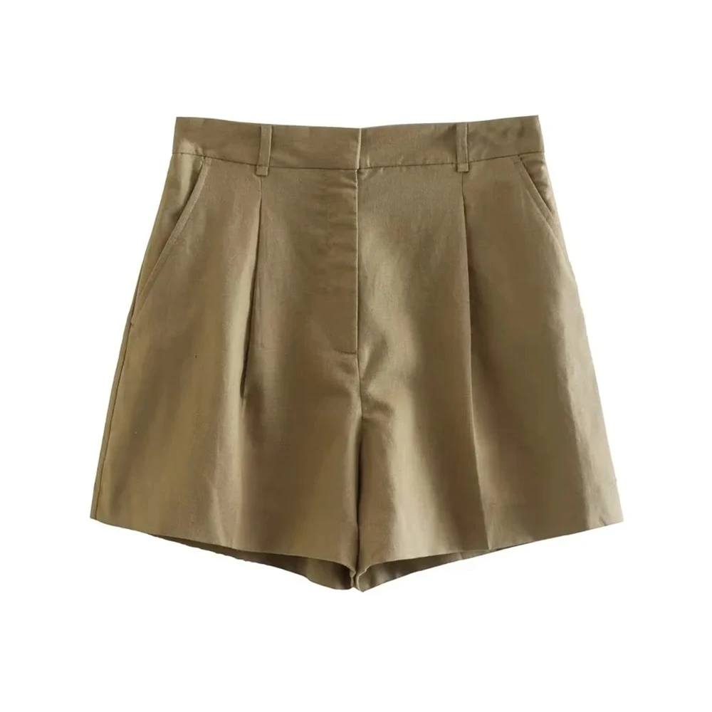 TRAF Women Fashion Side Pockets Front Darts Linen Shorts Vintage High Waist Zipper Fly Female Short Pants Mujer Casual Clothes
