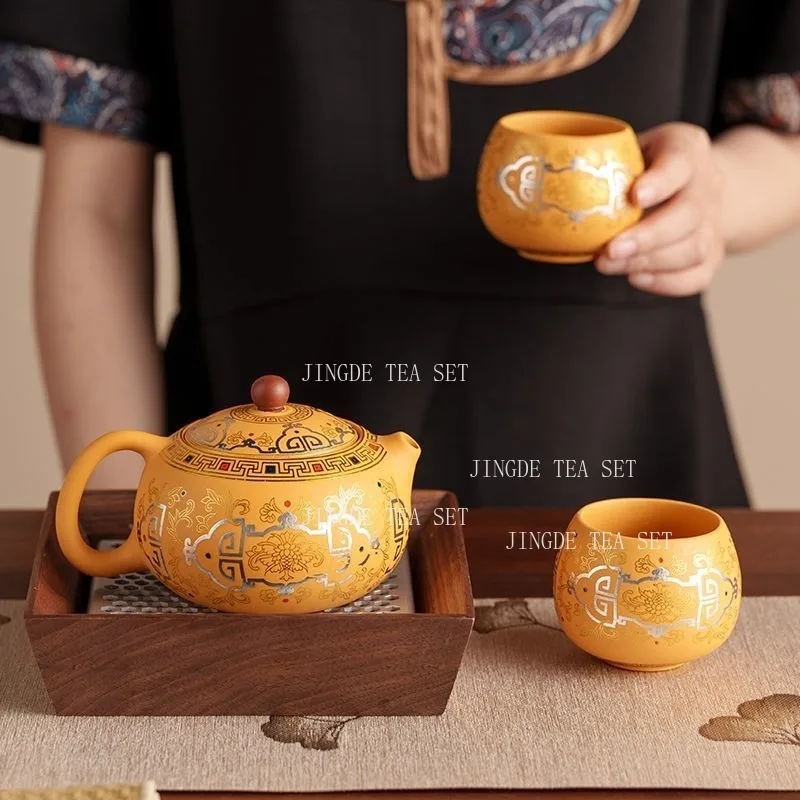Golden Section Clay Teapot Household Zisha Xishi Teapot Chinese Style Large Capacity Teapot Painting Silver Kung Fu Tea Set