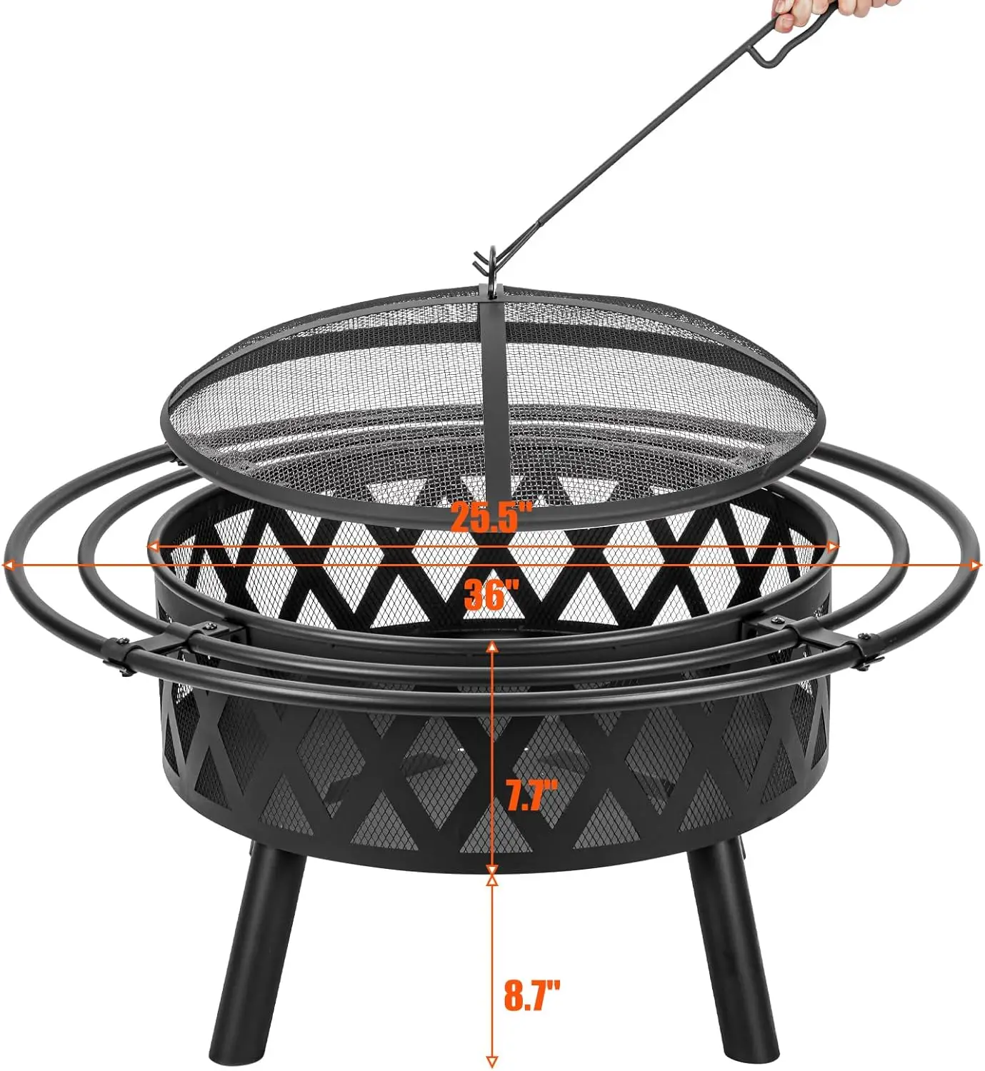 36 Inch Wood Burning Fire Pit with 2 Loops, Outdoor Fire Pit with Spark Screen & Fire Poker, Cross Weave Firepit