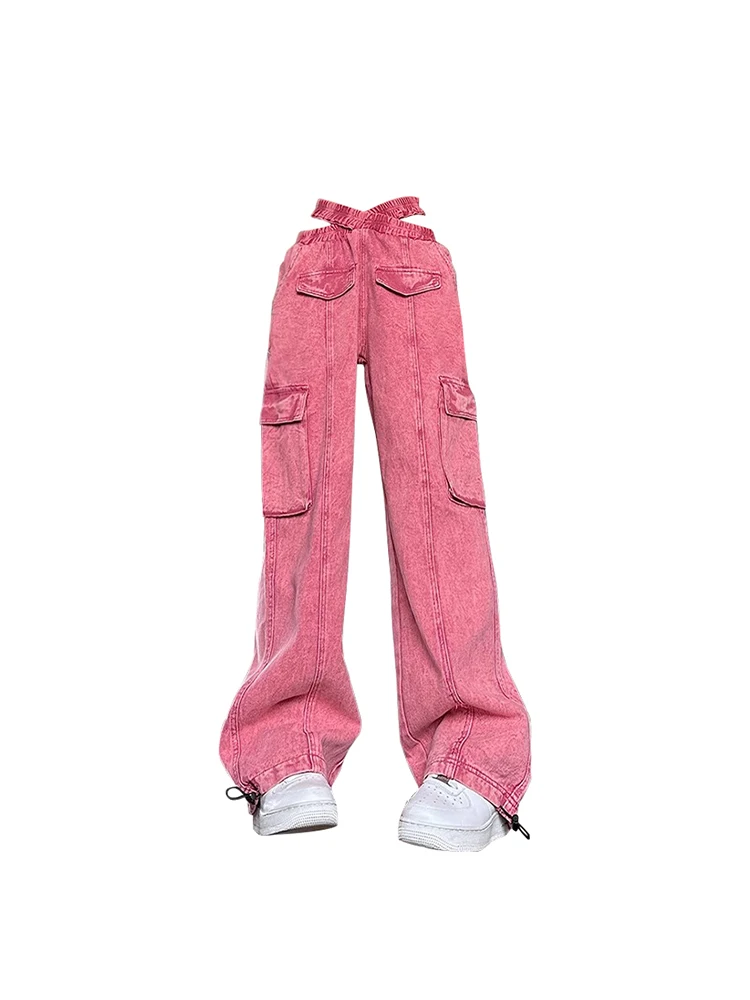 

Women Vintage Baggy Pink Cargo Jeans Loose Straight Wide Leg High Waist Jean Fashion Y2k Casual Streetwear Female Pants Trouser