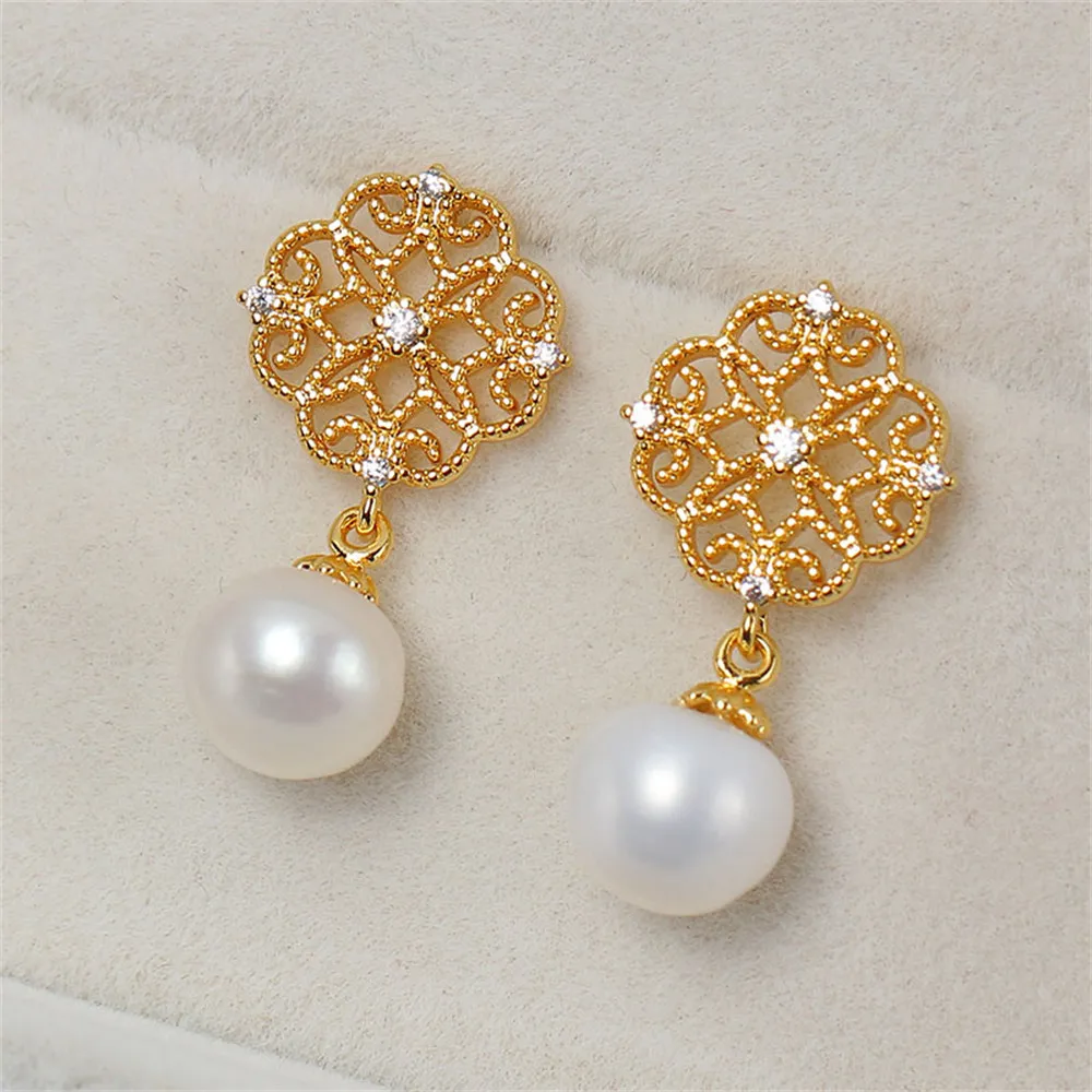 Copper Plated 18K Gold Openwork Lace Pearl Stud Earrings Empty Support S925 Silver Needle Jewelry DIY Accessories Simple