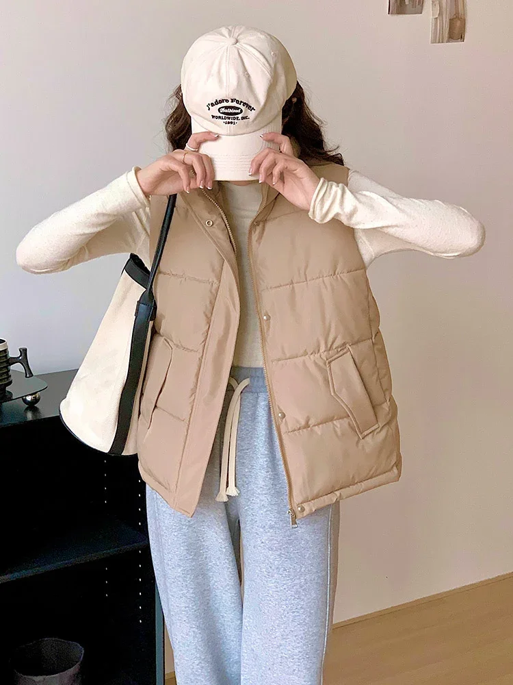 Vielleicht Autumn Winter Casual Women's Puffer Vest Jacket Short Stand Collar Solid Color Zipper Cotton Padded Winter Waistcoat