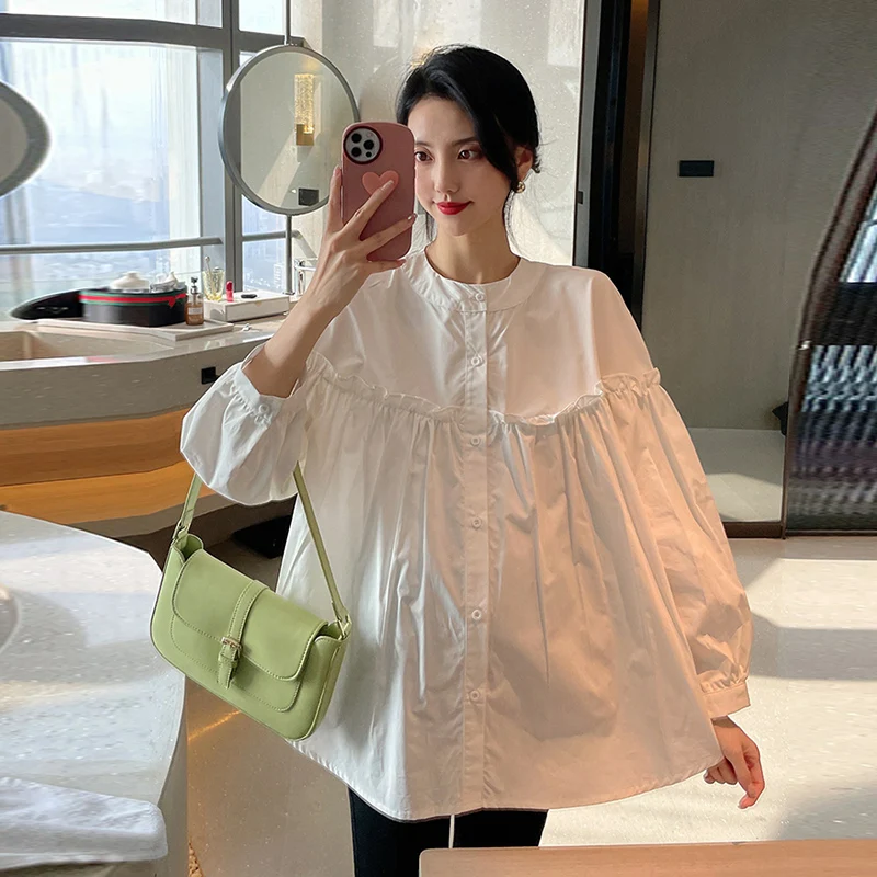 Maternity Cotton Long Sleeves Stand Collar Blouse European Fashion Design Pregnant Women
