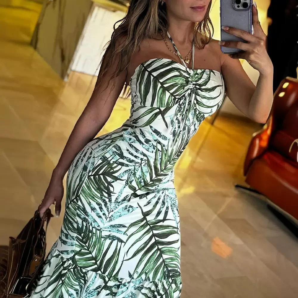 

Tropical Print Halter Ruched Maxi Dress Women Sleeveless Strapless High Waist Long Slim Ankle Length Dress Summer Sexy