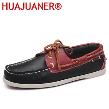 HUAJUANER 2025 Primavera Solido Calzature da barca da uomo Mocassini in pelle moda Slip On Lace Up Scarpe casual Uomo Comode scarpe pigre 1