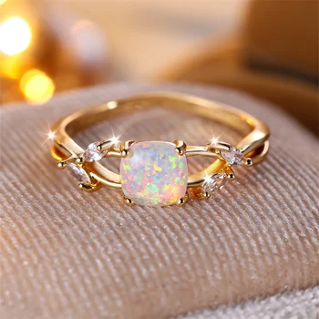 Cushion Cut Square Rainbow White Fire Opal Rings For Women Gold Color Horse Eye Zircon Charm Leaf Wedding Bands Party Jewelry CZ