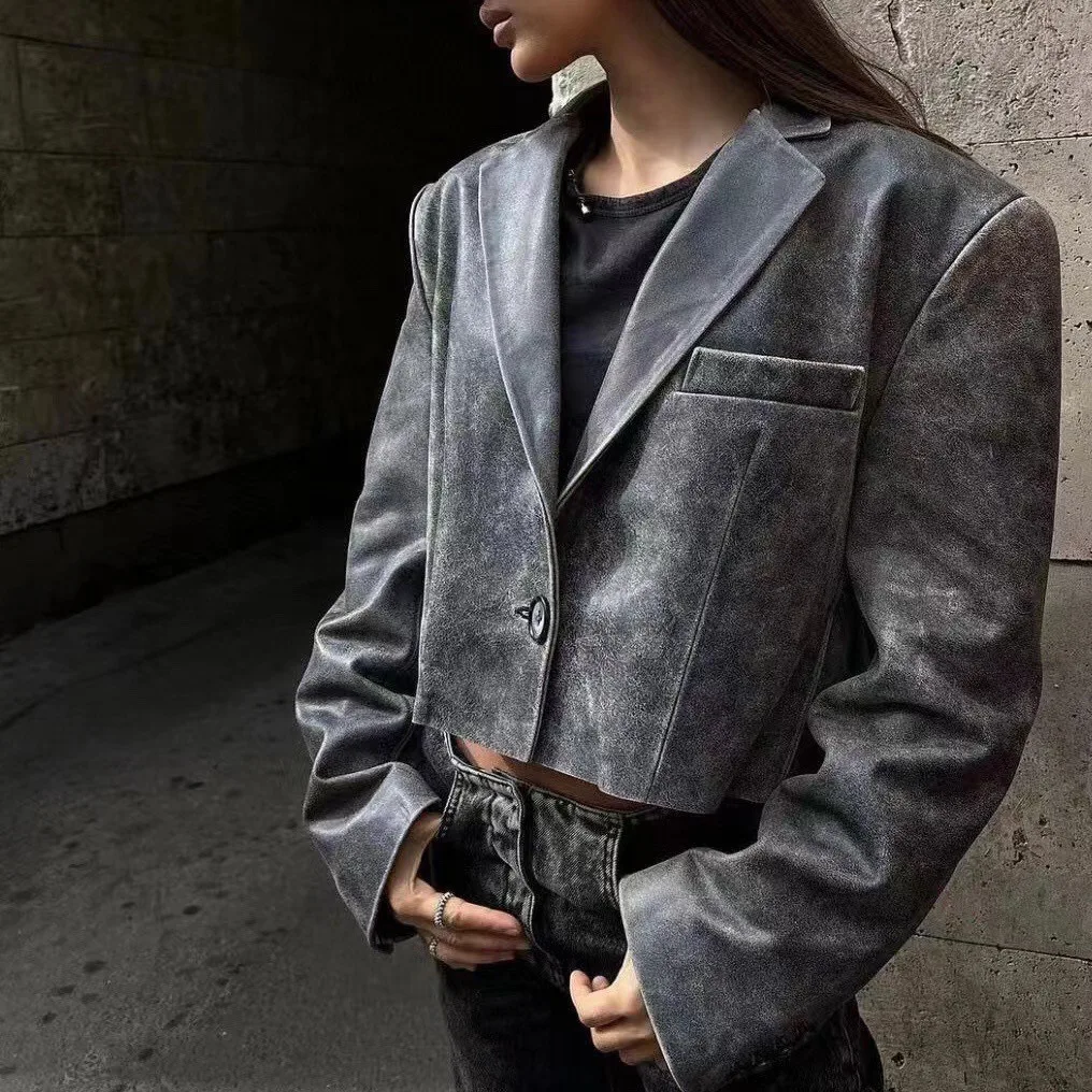 

Genuine leather jacket new dual color sheepskin, brushed color, distressed short style, one button suit jacket