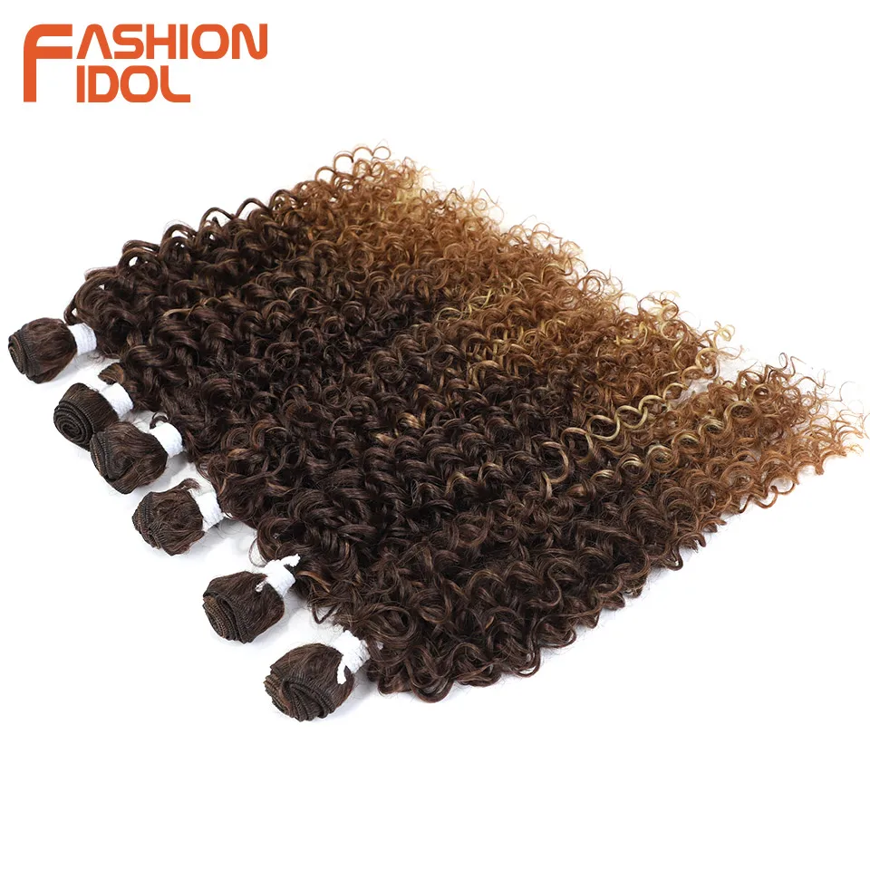 Afro Kinky Curly Hair Extensions 6PCS 14-18 inch Synthetic Hair Bundles Weave Ombre Brown Fake hair extensions