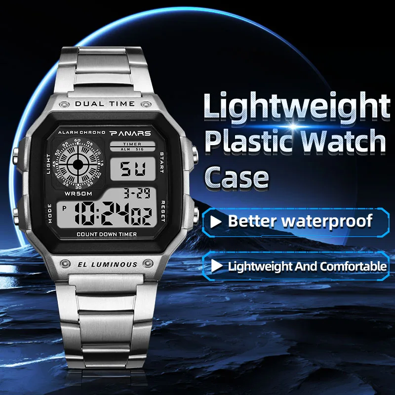 PANARS Top Luxury Stainless Steel Strap Sport Watches Mens Waterproof Back Light Digital Wristwatch Male Alarm 2