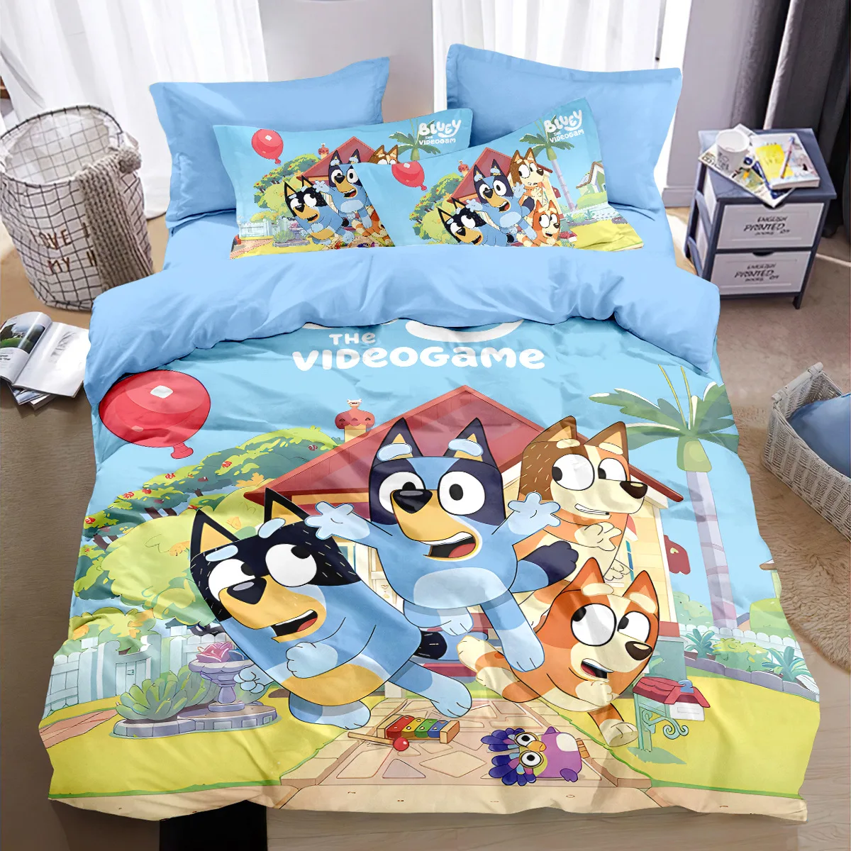 어린이용 인쇄 만화 시트, 귀여운 유치원 이불 커버, 기숙사 시트, 블루 베갯잇, 홈 이불 커버 