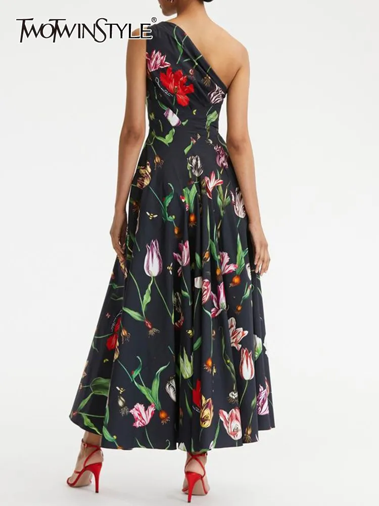 

TWOTWINSTYLE Off Shoulder Vintage Printing Dresses For Women Diagonal Collar Sleeveless Tunic Ruched Dress Female Fashion New