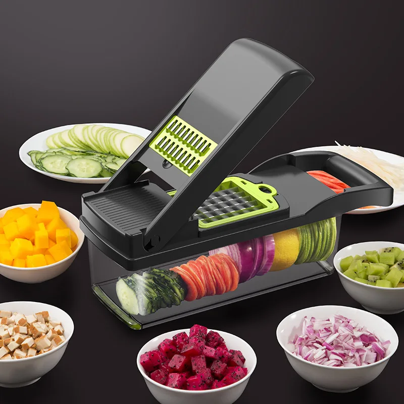 12 in 1 Green Multifunctional Vegetable Slicer Cutter  Hand Slicer Drain Basket  Kitchen Tool Home Gadgets