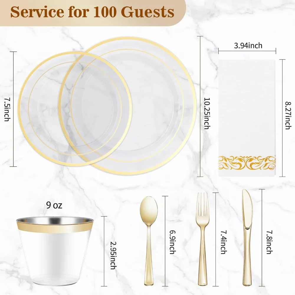700PCS Clear Gold Disposable Dinnerware Set (100 Guests), Plastic Plates for Party, Wedding, Include: 200 Plastic Plates