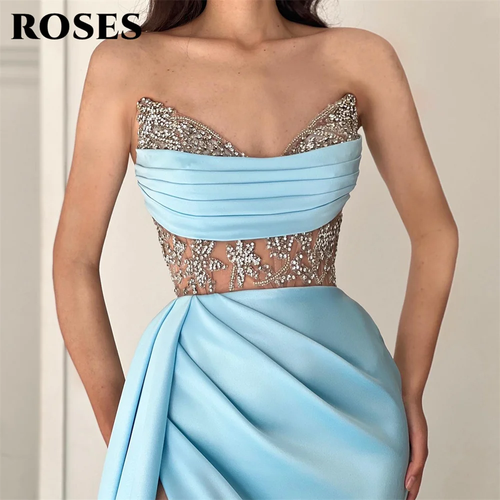 

ROSES Sky Blue Elegant Sexy Wedding Party Dress Stain Beading Celebrity Dresses Mermaid Special Occasion Dresses robes du soir