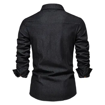 Elastic Cotton Denim Shirt Men High Quality Men Long Sleeve Solid Color Pocket Shirts For Men Casual Slim Fit Men's Clothing 5
