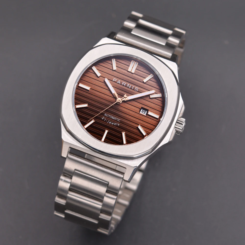 

New Parnis 42mm Brown Dial Automatic Mechanical Men Stainless Steel Watches Sapphire Crystal Calendar Men's Watch reloj hombre