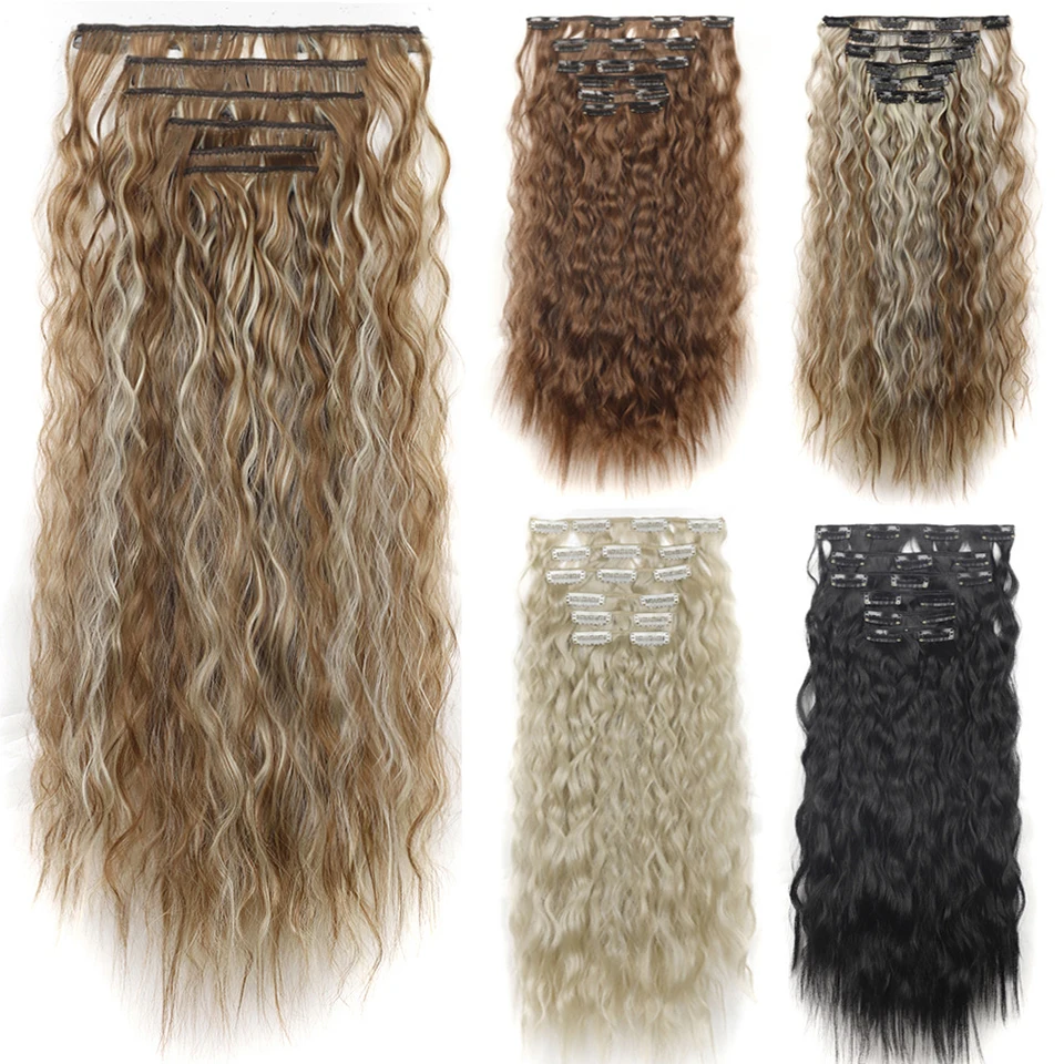 16Clips Clip In Hair Extension Long Wavy Synthetic Wigs For Women 6Pcs/Set 20Inch Corn Curly Fake Hairpiece Heat Resistant Fiber hair extensions