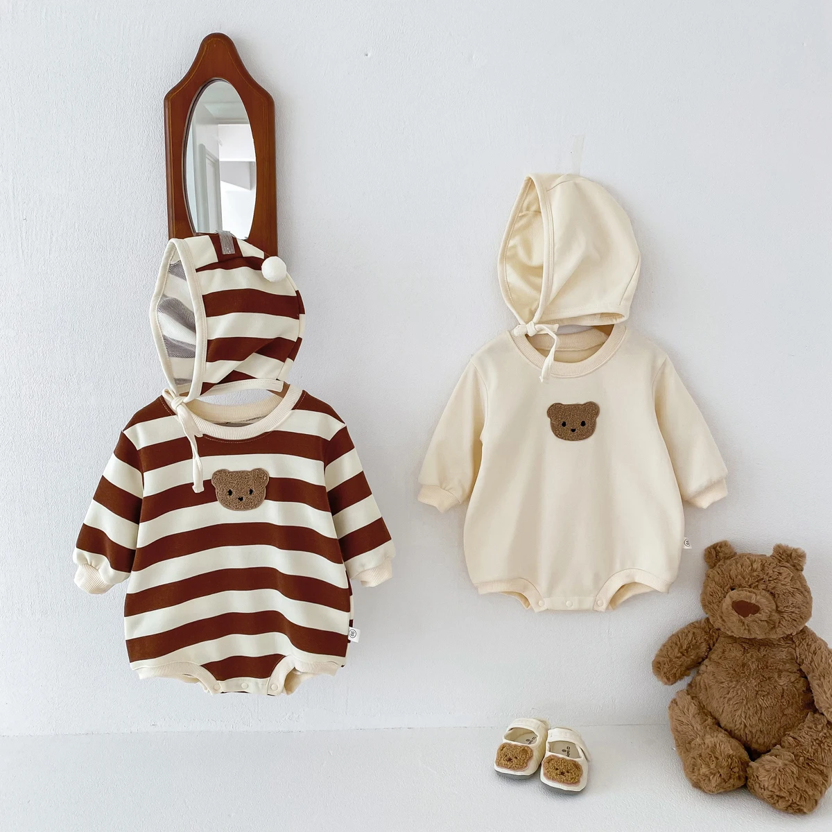 FLM Baby Romper Long Sleeved Bear Pattern + Hat Stripe Toddler Boy  Jumpsuit Baby Clothes 0-24M 2
