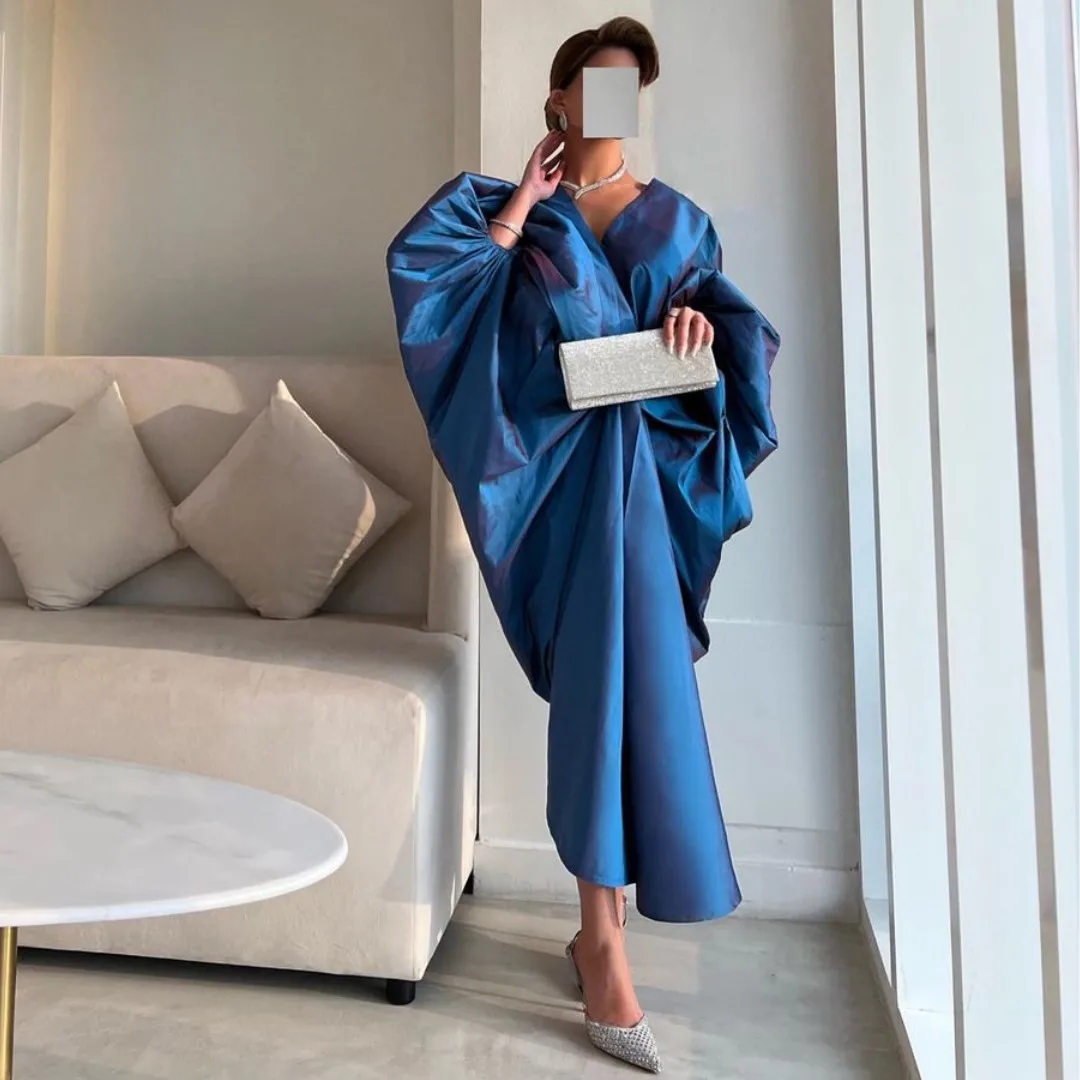 Lovestory Bright Taffeta Tea Length Prom Dresses V Neck Puffy Long Sleeves Evening Party Formal Occasion Dubai Women Wear