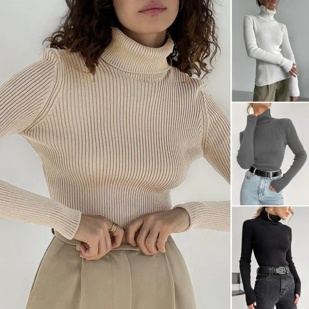 

Autumn Winter Women's Sweater High Collar Knit Slim Fit Solid Color Neck Protection Long Sleeve Anti-shrink Lady Bottoming Tops