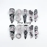 10pcs Dark black Y2k Hot Girl Handmade Press On Nails Sweet Cool  With Diamond Metal Decoration Wearable Artificial False Nail 2