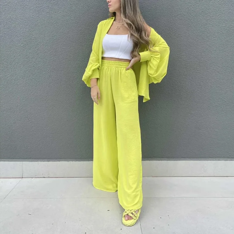 2023 New Fashion Casual Set Temperament Solid Color Single breasted Lantern Sleeve Shirt Pants Long Sleeve Casual Pants