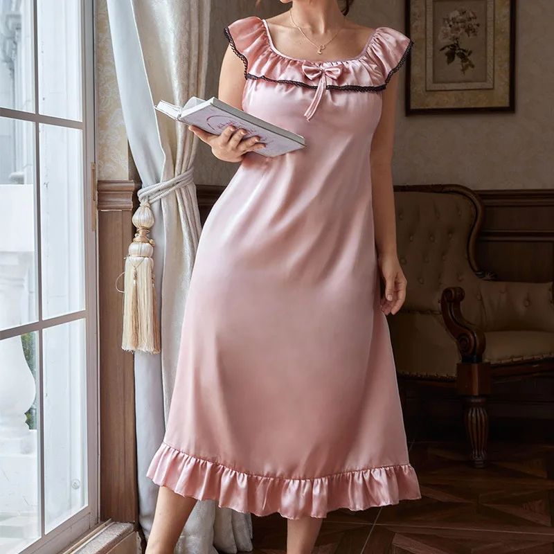 Thin U-shaped Doll Collar Sleeveless Dress Female Plus Size Leisure Pajamas Summer Imitation Silk Nightgown Women's Home Clothes