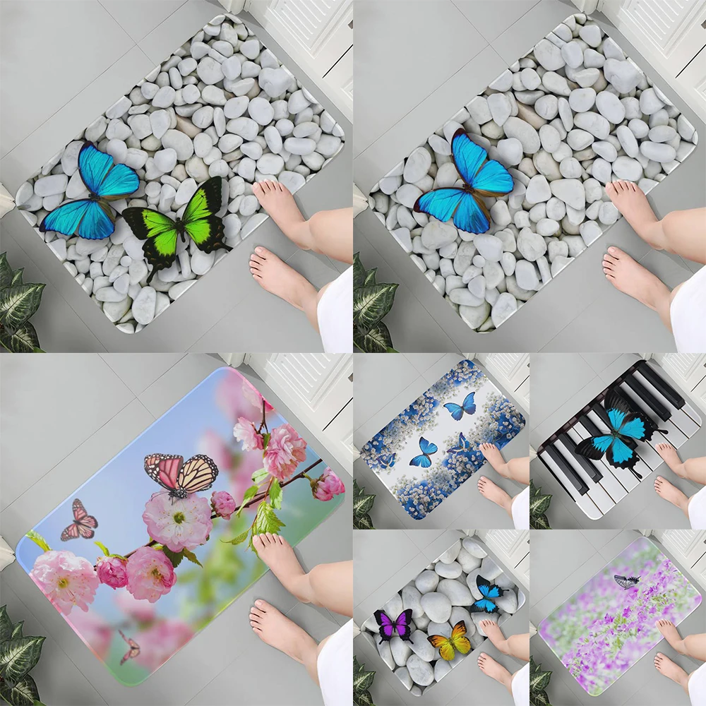 Green Butterfly Stone Art Print Pattern Flangia Face Floor Mat Home Kitchen Bagno Decorazione Tappeto