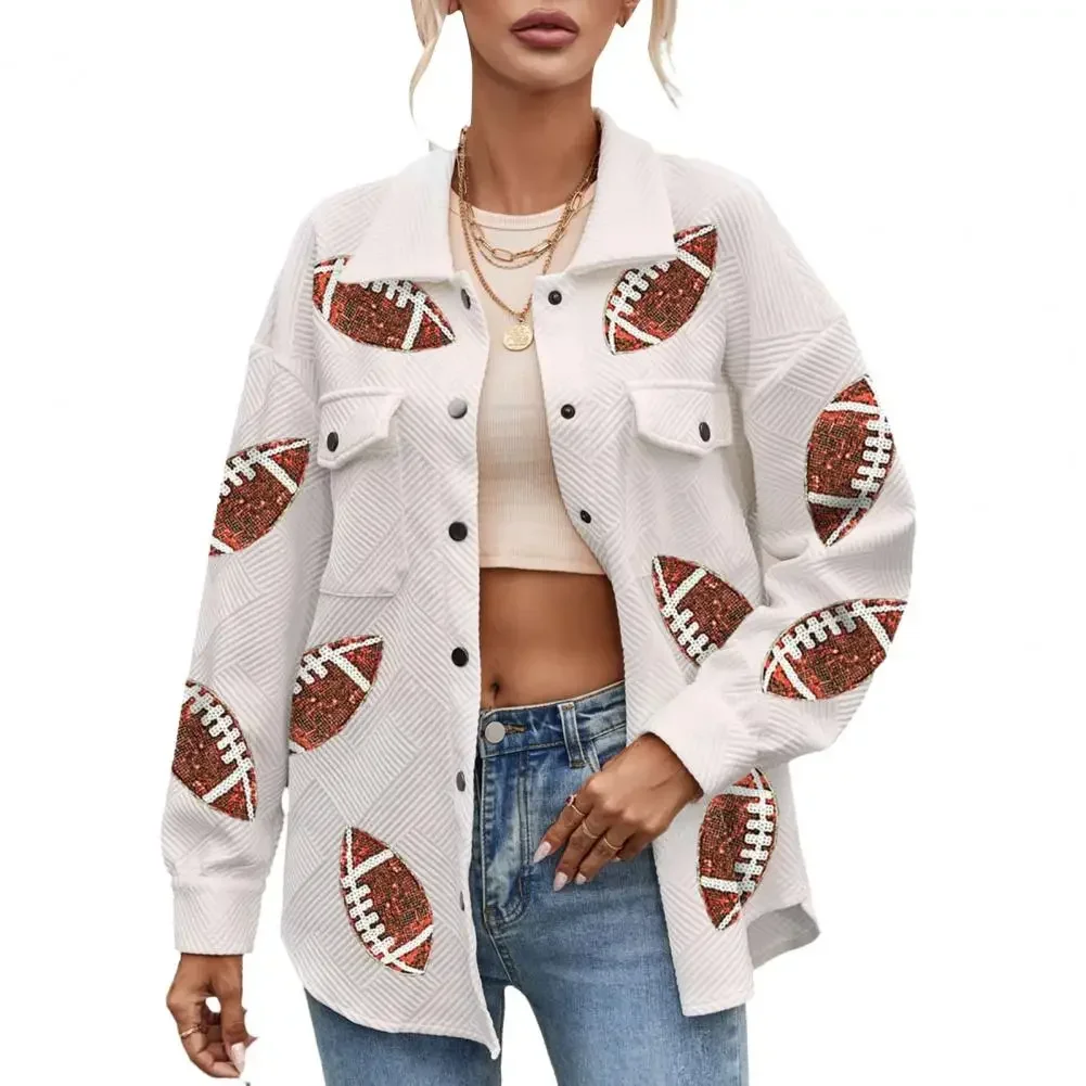 

2024 Spring New Sequin Rugby Ball Pattern Women Coat Turn-down Collar Patch Pockets Mid Length Female Jacket