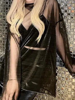 Solid See Through Tshirt Women Sexy Tops O-Neck Long Sleeve Oversized T Shirt For Women Clothing Club Y2k Aesthetic Egirl Tees 3