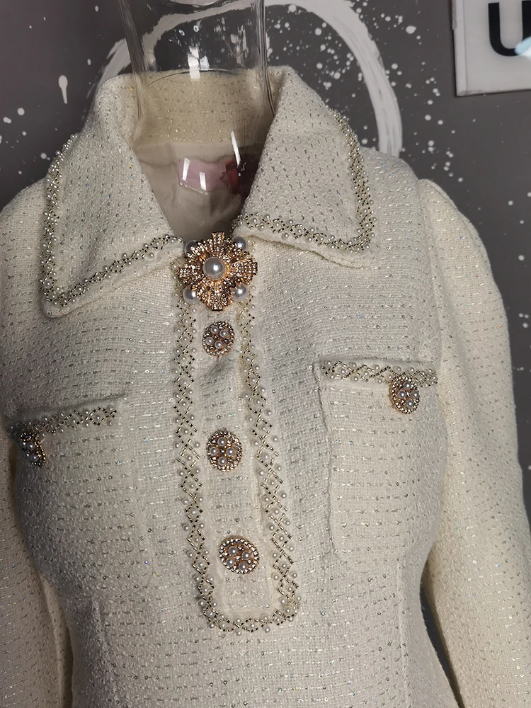 Elegant Short Dress European Style Tweed Lapel Beading Button Long Sleeve Fashion Dresses For Women 2025 Spring Summer 9896