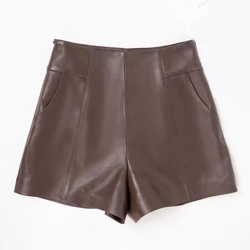 2023 Women High Waist Leather Shorts Autumn Winter A- Line Slim-Fit Wide Leg PU Leather Pants Female fashion Black Boot Pants