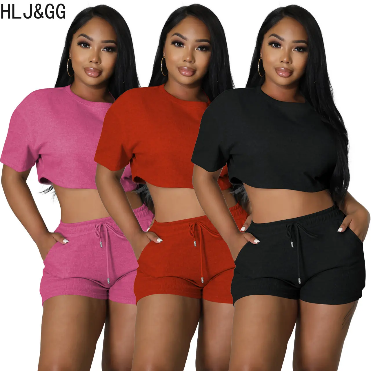 

HLJ&GG Casual Solid Color Two Piece Sets Women Round Neck Crop Top And Shorts Tracksuits Female Maching Sporty 2pcs Outfits 2023