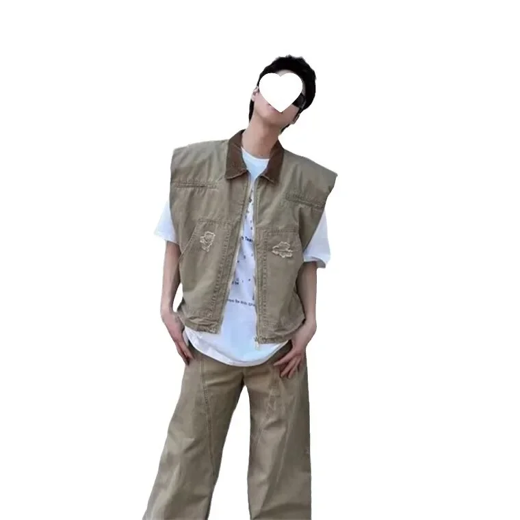 New Trendy Denim Vest Men's Korean Style Cool Color Block Summer INS Vest Brown Leather Motorcycle Rider