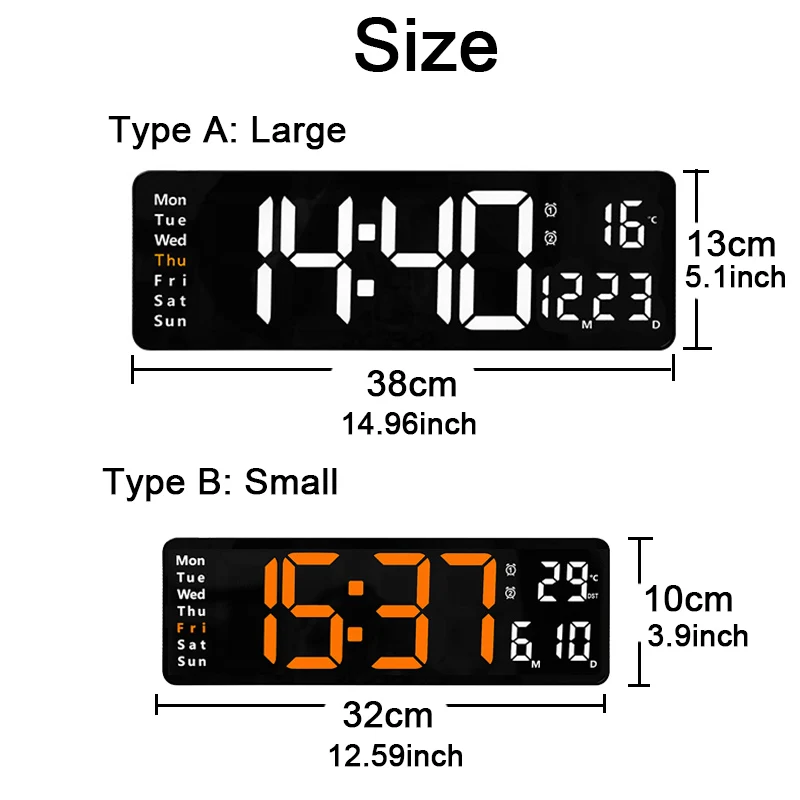 Digital Wall Clock Remote Control LED Temp Date Week Display