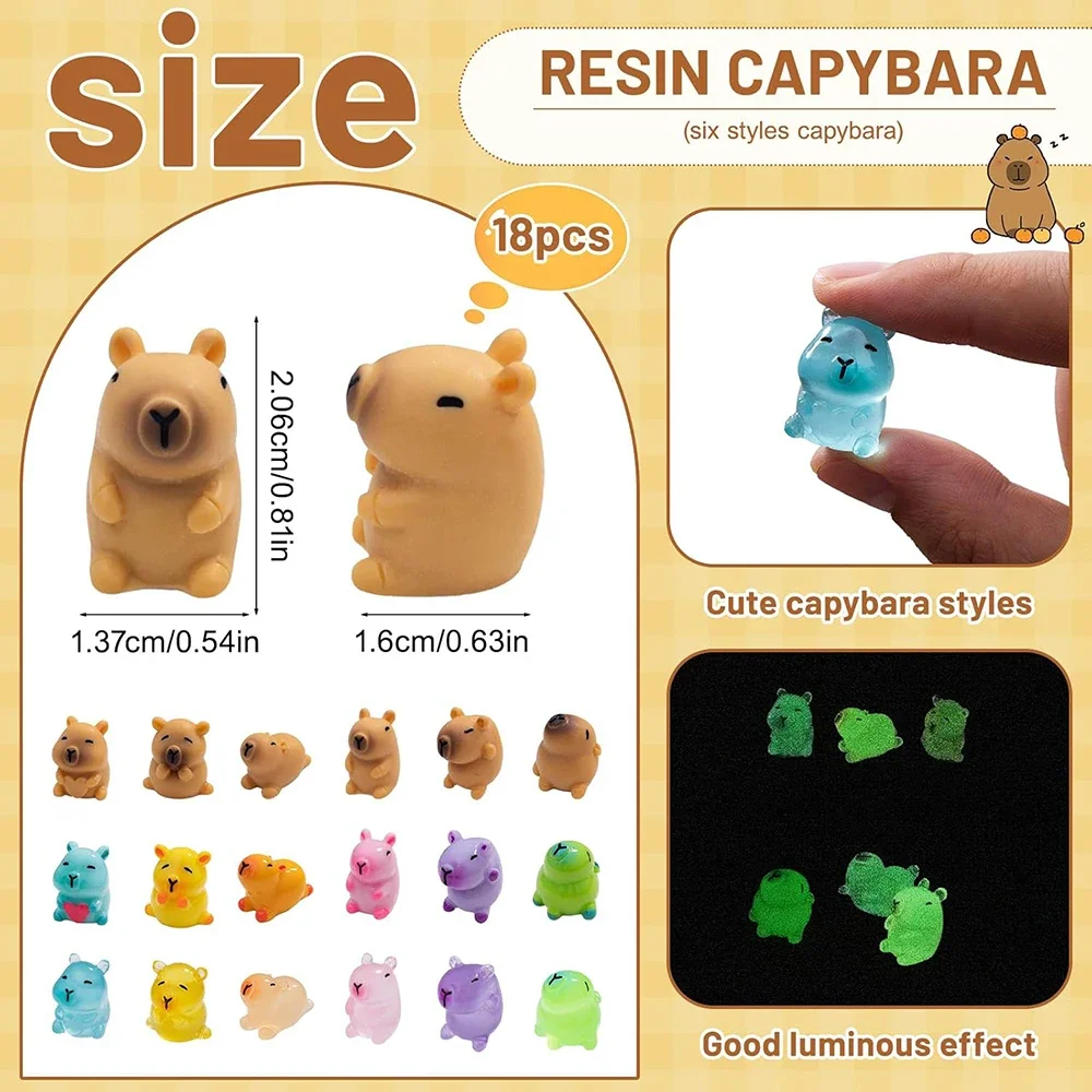 Miniature Figurines 18pcs Capybara Glow in The Dark Resin Figurines Luminous Mini Toy Gifts Desktop Tabletop Outdoor