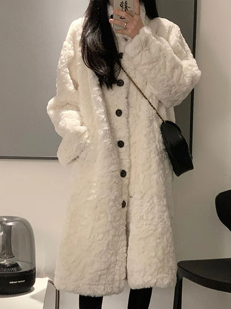 

Зимнее длинное пальто Женская корейская мода искусственная овечья шерсть меховая куртка женская Повседневная Свободная однобортная верхняя одежда с воротником-стойкой
