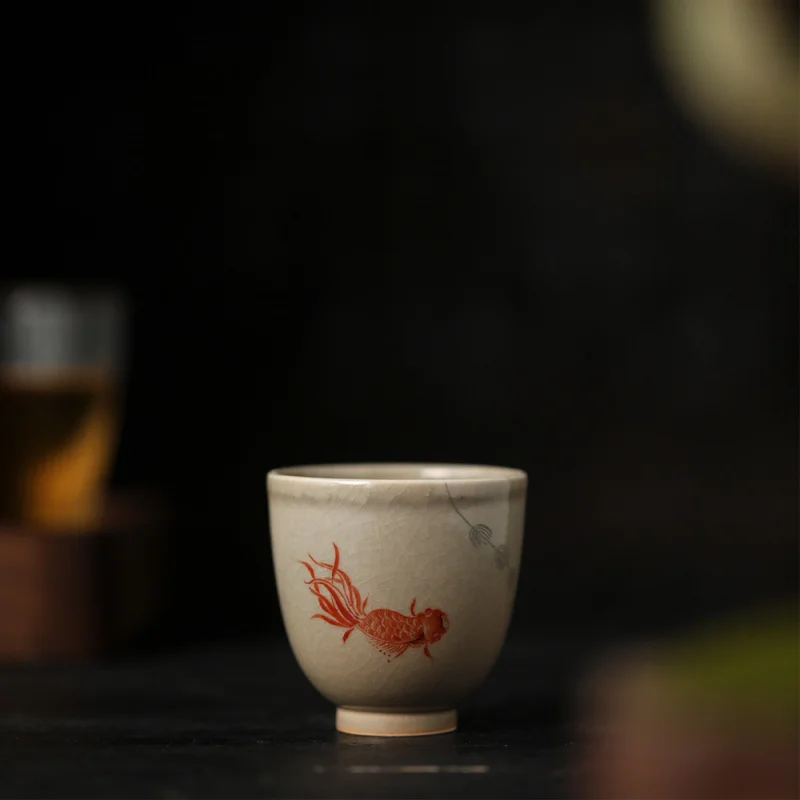 

Jingdezhen Hand-Painted Goldfish Kung Fu Tea Set Ru Ware Gracked Glaze Tea Cup Every Year There Are More Tea Goldfish Master Cup