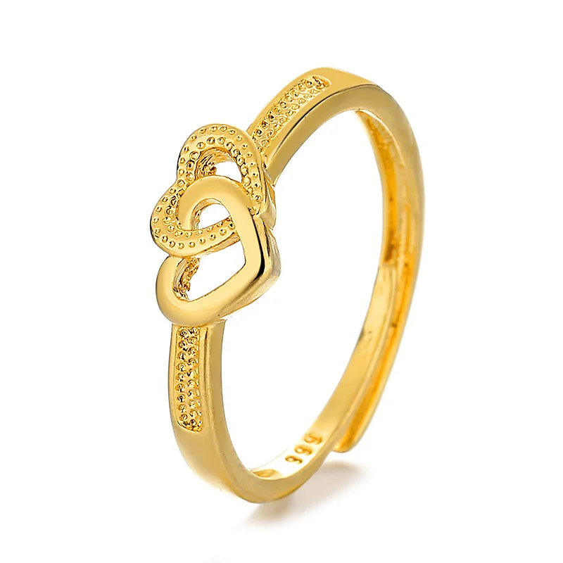 24K Gold AU999 Double Heart Jewelry | Matte hearts with glossy outlines, adjustable opening, versatile for daily wear - 5