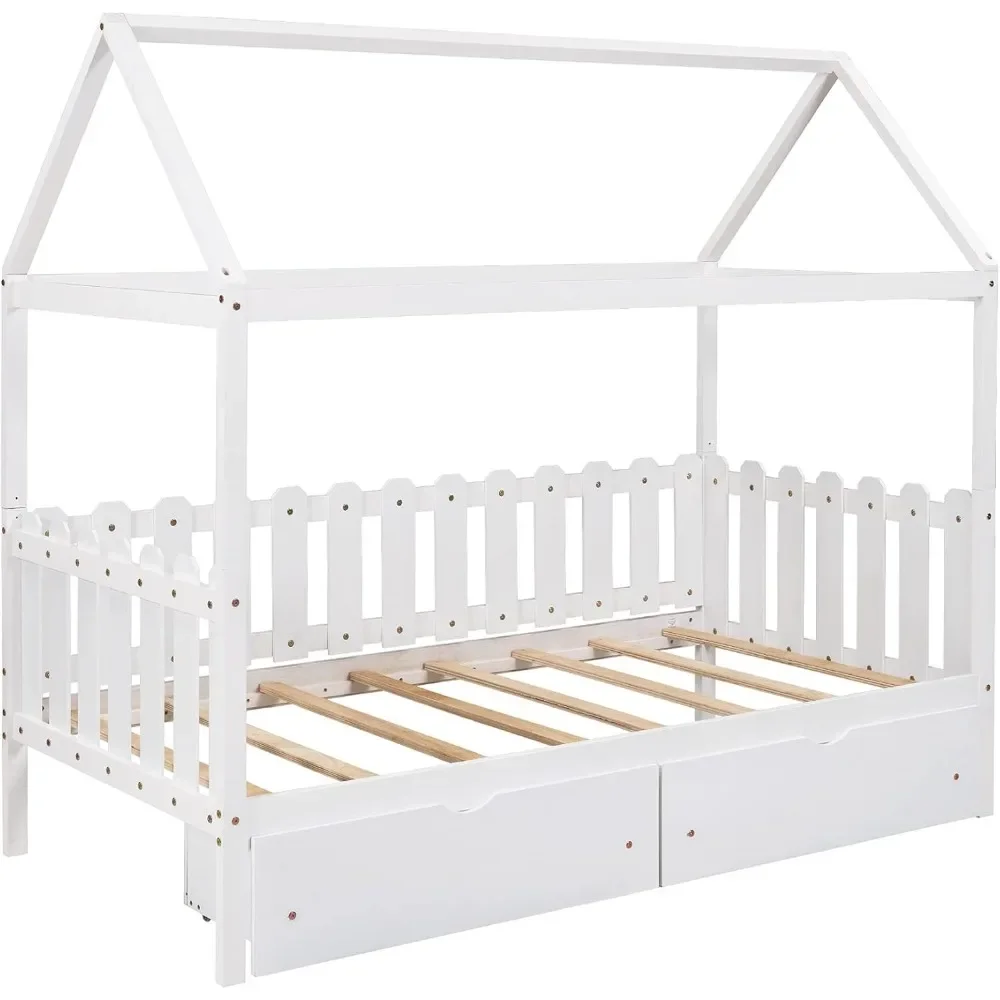 Solid Wood Twin Size House Bed Frame with Roof/Drawers/Fence-Shaped Guardrail, House Bed Platform Bed for Kids,Teens 6