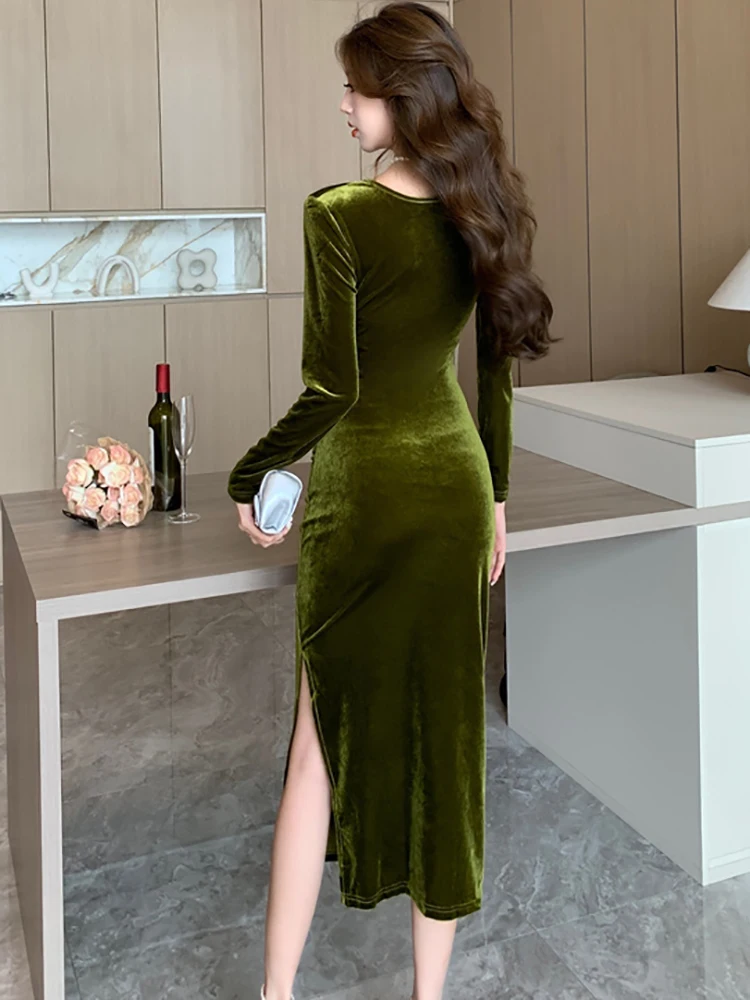Women Green Velvet Long Sleeve V-Neck Dress Gown Autumn