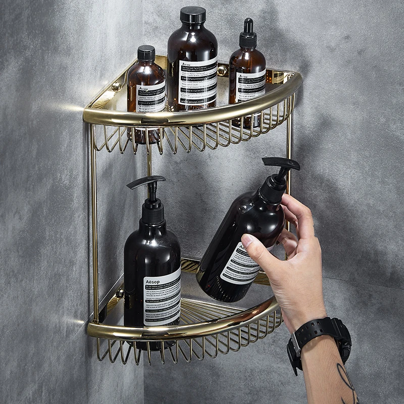 Solid Brass Bathroom Shelf Shower Room Organizer Rack Brushed Gold