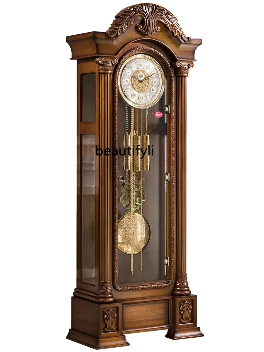 German Hermle Movement European the Grandfather Clock Mechanical Living Room Clock Solid Wood Carved Classical Copper Bell
