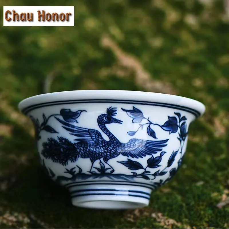 120ml Flying Crane in Flower Ceramic Tea Cup Antique Blue and White Porcelain Press Hand Cup Large Puer Tea Bowl Kung Fu Tea Set