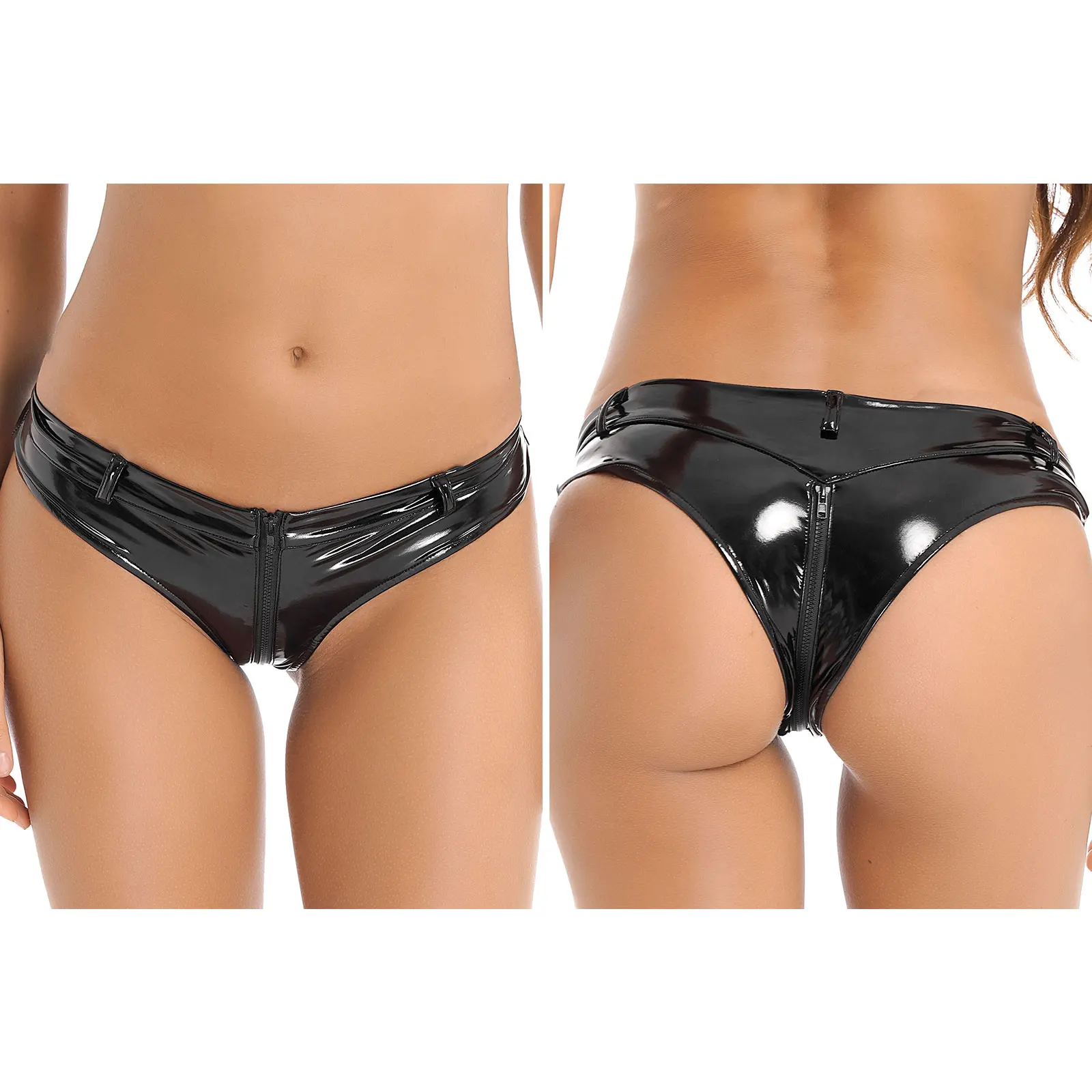 Sexy Womens Zipper Crotch Booty Shorts Clothing Wet Look Patent Leather Briefs Panties Low Waist Hot Pants Nightclub Clubwear