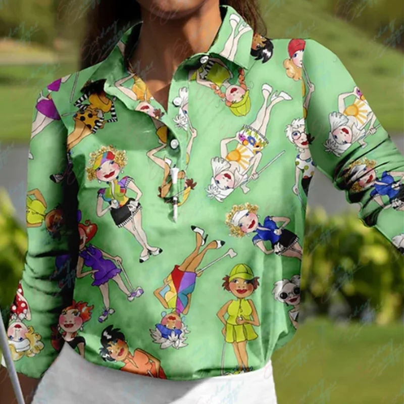 Golf Polo long-sleeved shirt women's breathable quick-drying sweat-absorbent cartoon print autumn and winter tennis golf top