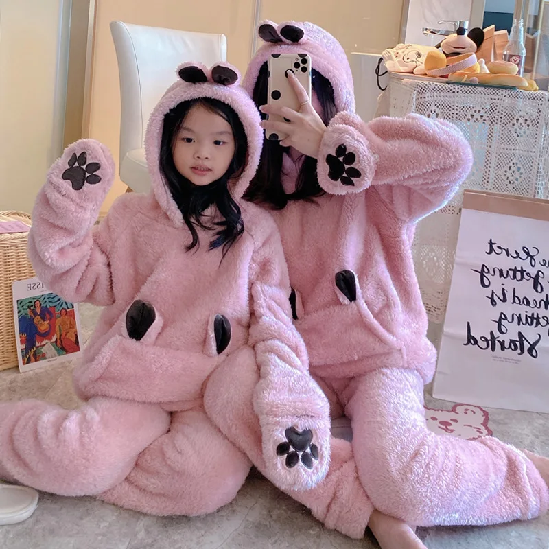Autumn Winter Warm Pile Pajama Set Mother Daughter Coral Fleece Sweet Cute Hooded Loungewear Suit Thickened Fashion Pajama Pants